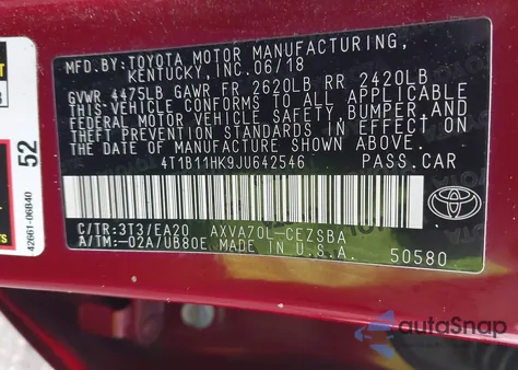 2018 Toyota Camry Se z USA, uszkodzony, nr VIN 4T1B11HK9JU642546